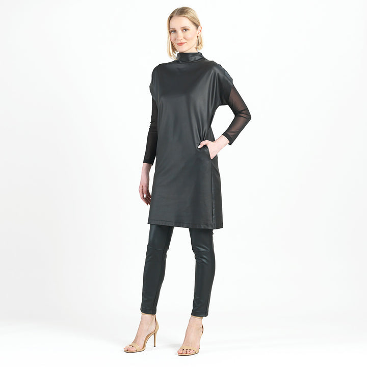 Liquid Leather&trade; - High Neck Tunic Pocket Dress - Black - Sizes!