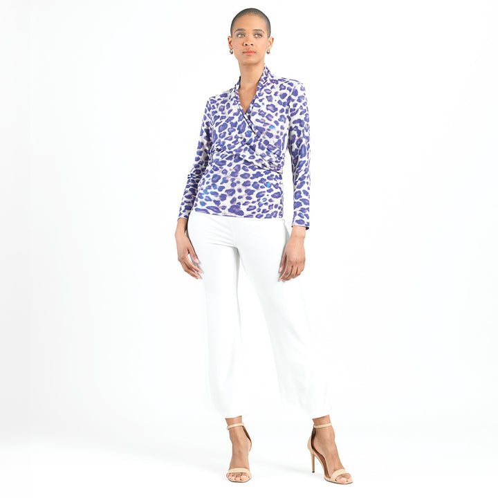 Foil Knit - V-Neck Draped Pleat Top - Plum Cheetah