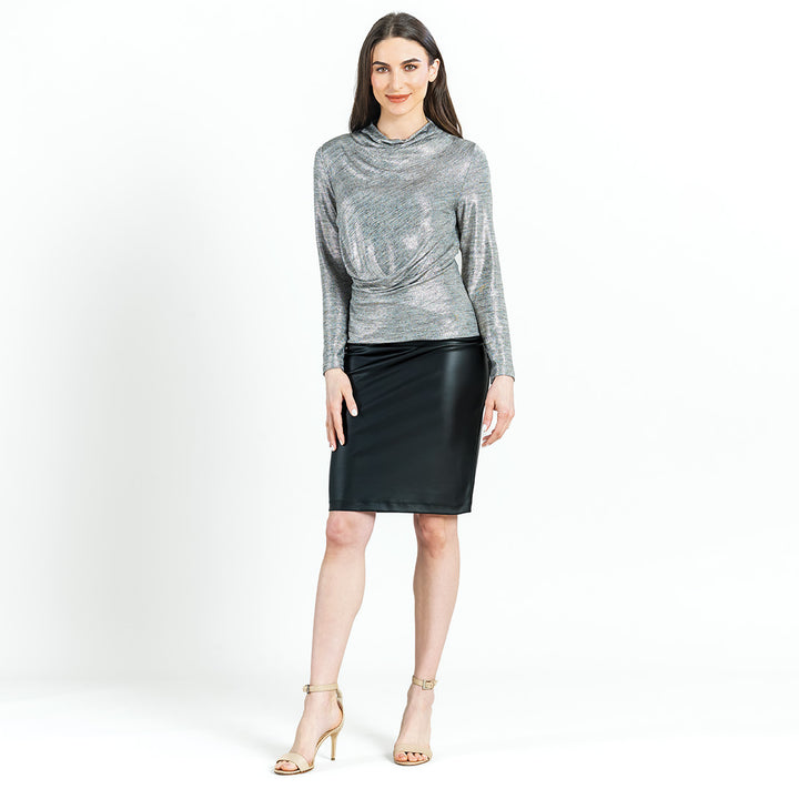 Glimmer Lam&eacute; - High Boat Neck Side Draped Top - Silver - Final Sale!