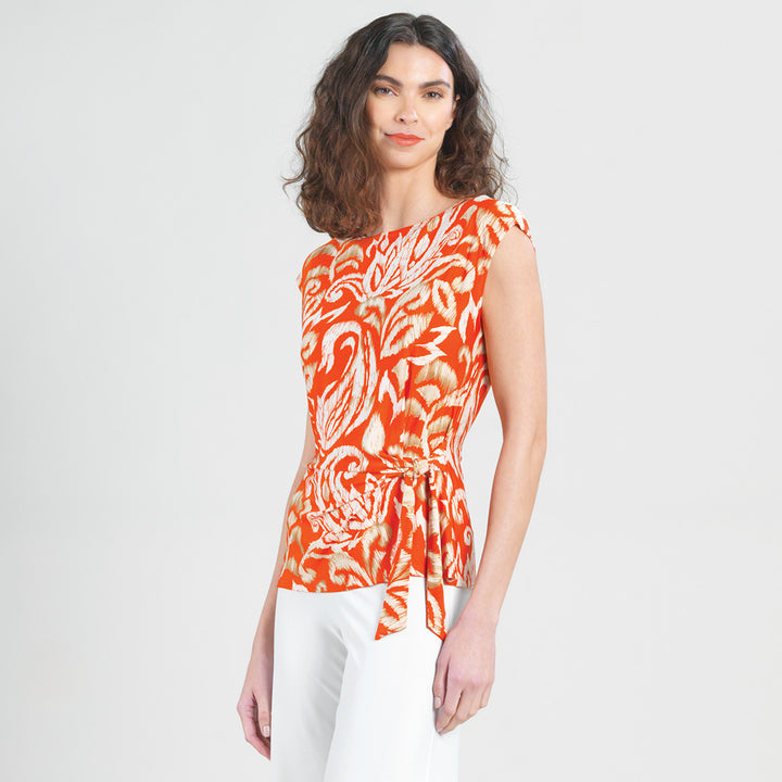 Butter Knit - Cap Sleeve Side Tie Top - Paisley Lotus-Coral