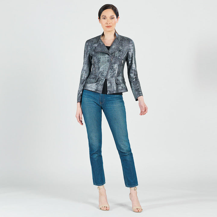 Metallic Liquid Leather&trade; Textured Biker Jacket - Gunmetal Silver