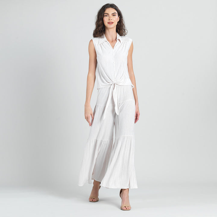 Soft Pleat Knit - Sleeveless Button Down Tie Hem Top - Ivory
